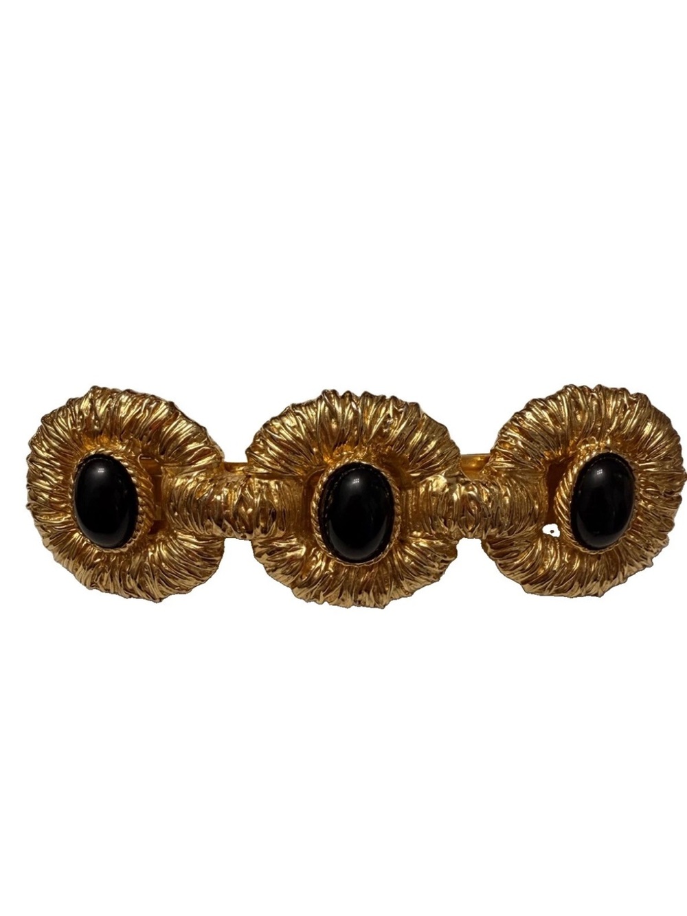 Gold Floral Triple Gem Statement Bracelet with Black Cabochons